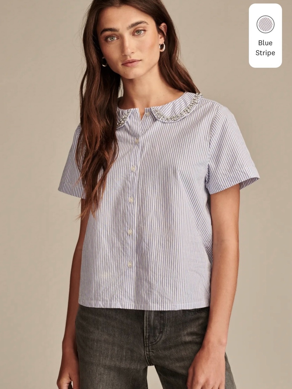 Striped Embellished Shirt with Decorative Coll